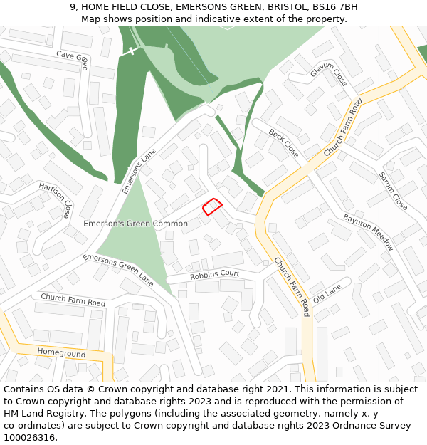 9, HOME FIELD CLOSE, EMERSONS GREEN, BRISTOL, BS16 7BH: Location map and indicative extent of plot