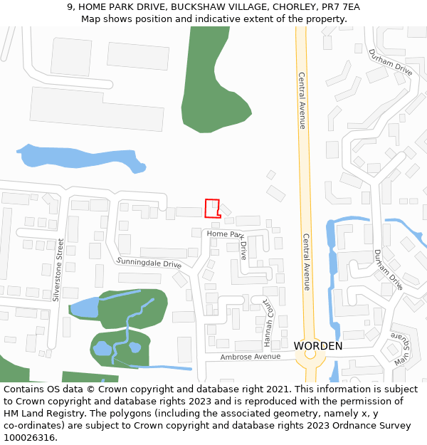 9, HOME PARK DRIVE, BUCKSHAW VILLAGE, CHORLEY, PR7 7EA: Location map and indicative extent of plot
