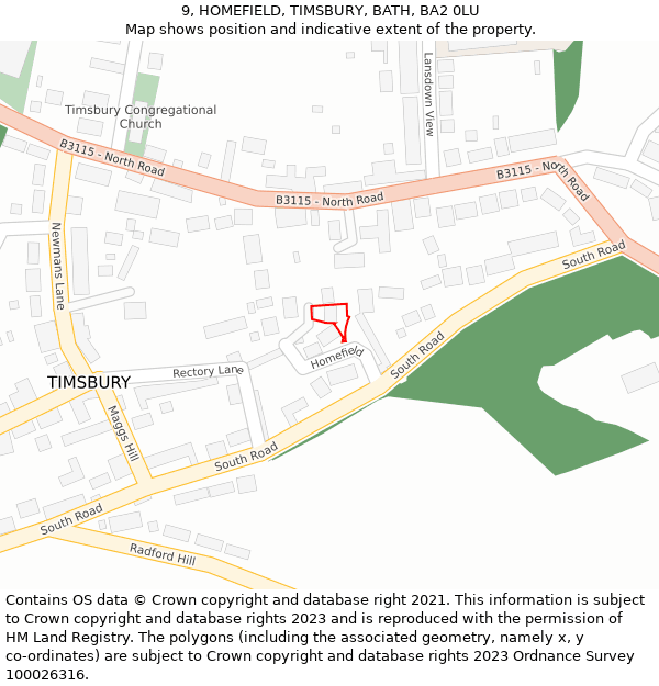 9, HOMEFIELD, TIMSBURY, BATH, BA2 0LU: Location map and indicative extent of plot