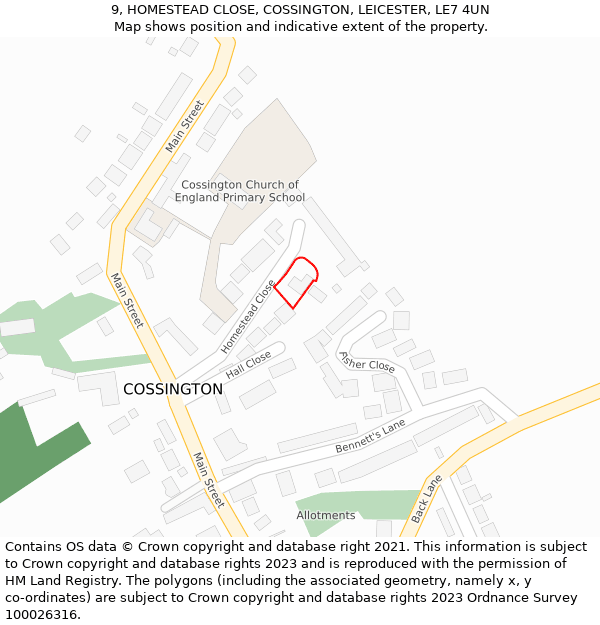 9, HOMESTEAD CLOSE, COSSINGTON, LEICESTER, LE7 4UN: Location map and indicative extent of plot