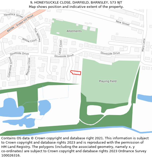 9, HONEYSUCKLE CLOSE, DARFIELD, BARNSLEY, S73 9JT: Location map and indicative extent of plot