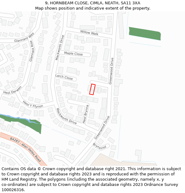 9, HORNBEAM CLOSE, CIMLA, NEATH, SA11 3XA: Location map and indicative extent of plot