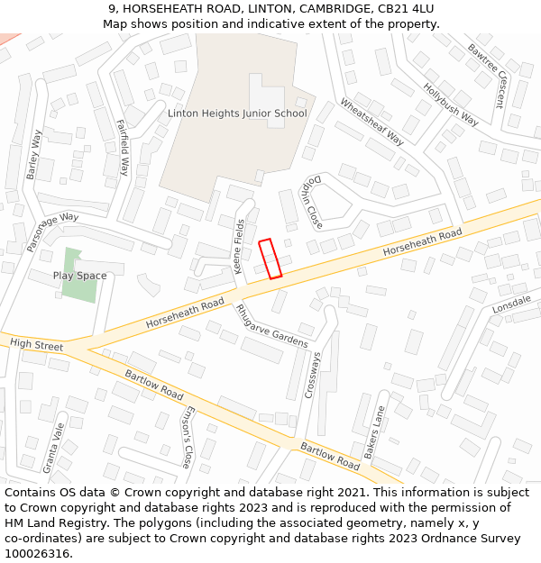 9, HORSEHEATH ROAD, LINTON, CAMBRIDGE, CB21 4LU: Location map and indicative extent of plot