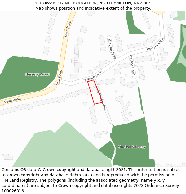 9, HOWARD LANE, BOUGHTON, NORTHAMPTON, NN2 8RS: Location map and indicative extent of plot