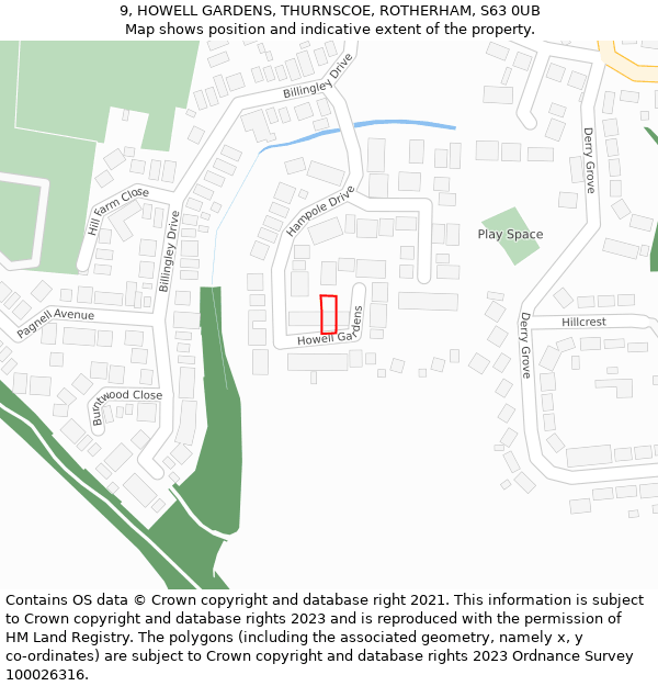 9, HOWELL GARDENS, THURNSCOE, ROTHERHAM, S63 0UB: Location map and indicative extent of plot