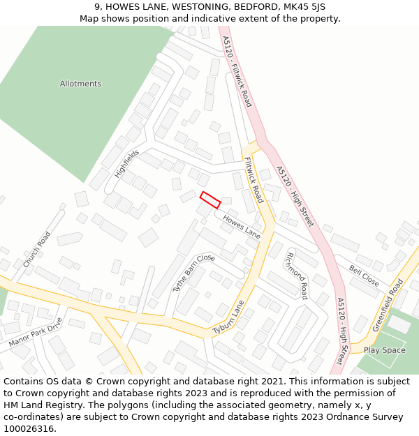 9, HOWES LANE, WESTONING, BEDFORD, MK45 5JS: Location map and indicative extent of plot