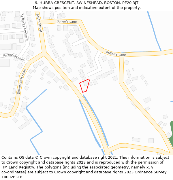 9, HUBBA CRESCENT, SWINESHEAD, BOSTON, PE20 3JT: Location map and indicative extent of plot