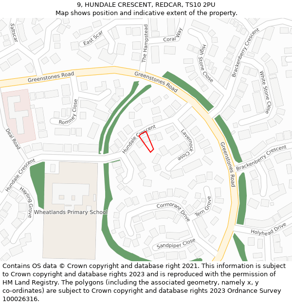 9, HUNDALE CRESCENT, REDCAR, TS10 2PU: Location map and indicative extent of plot