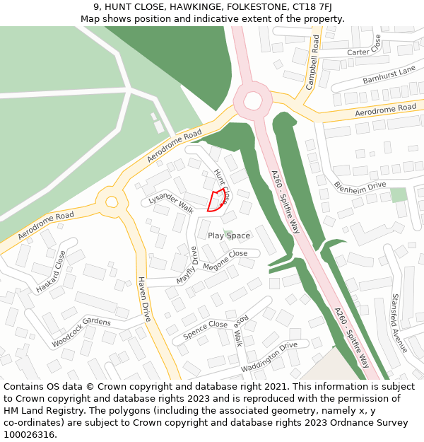 9, HUNT CLOSE, HAWKINGE, FOLKESTONE, CT18 7FJ: Location map and indicative extent of plot