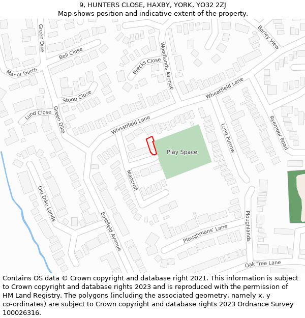 9, HUNTERS CLOSE, HAXBY, YORK, YO32 2ZJ: Location map and indicative extent of plot