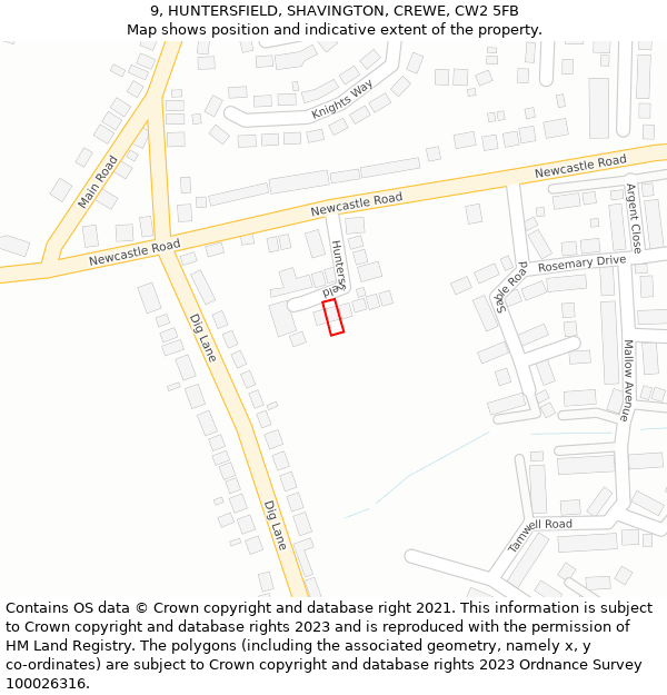 9, HUNTERSFIELD, SHAVINGTON, CREWE, CW2 5FB: Location map and indicative extent of plot