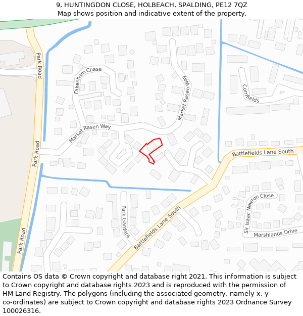 9, HUNTINGDON CLOSE, HOLBEACH, SPALDING, PE12 7QZ: Location map and indicative extent of plot