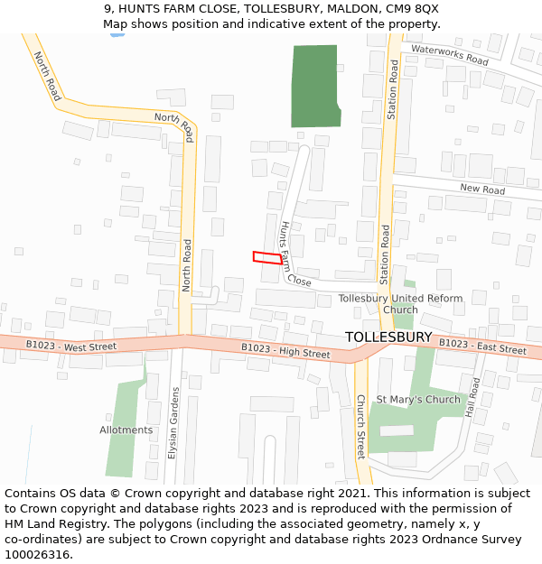 9, HUNTS FARM CLOSE, TOLLESBURY, MALDON, CM9 8QX: Location map and indicative extent of plot