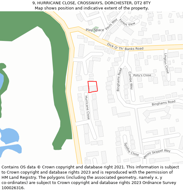 9, HURRICANE CLOSE, CROSSWAYS, DORCHESTER, DT2 8TY: Location map and indicative extent of plot