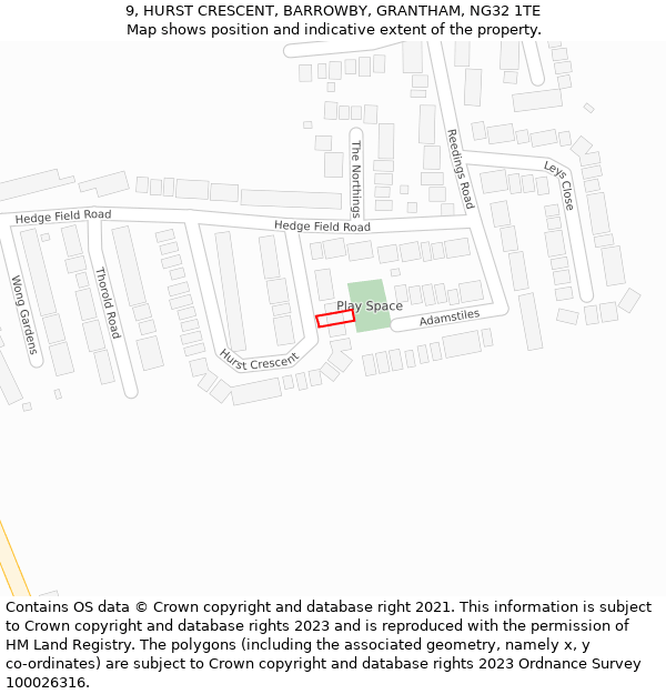 9, HURST CRESCENT, BARROWBY, GRANTHAM, NG32 1TE: Location map and indicative extent of plot