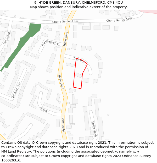 9, HYDE GREEN, DANBURY, CHELMSFORD, CM3 4QU: Location map and indicative extent of plot