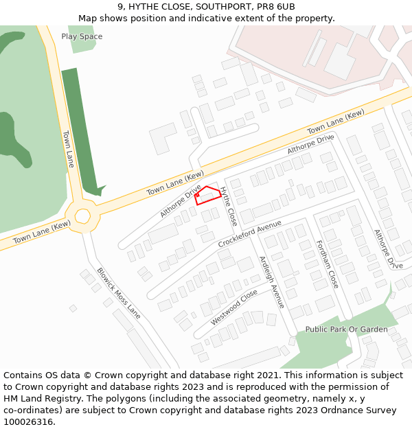 9, HYTHE CLOSE, SOUTHPORT, PR8 6UB: Location map and indicative extent of plot