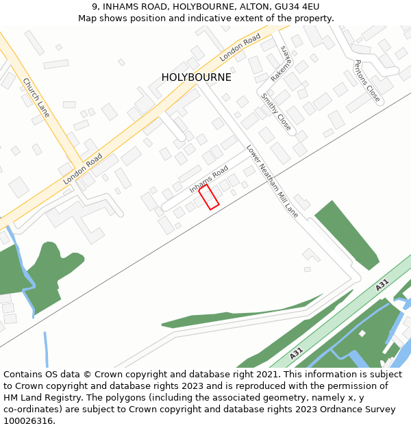 9, INHAMS ROAD, HOLYBOURNE, ALTON, GU34 4EU: Location map and indicative extent of plot
