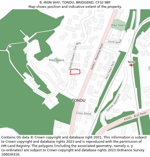 9, IRON WAY, TONDU, BRIDGEND, CF32 9BF: Location map and indicative extent of plot