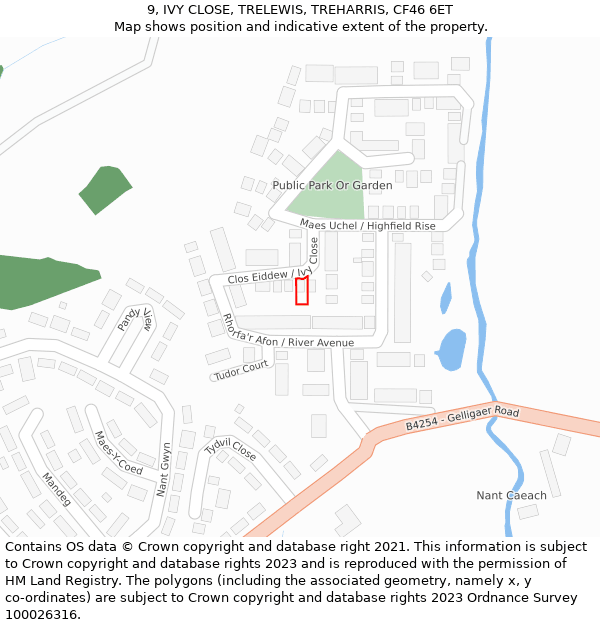 9, IVY CLOSE, TRELEWIS, TREHARRIS, CF46 6ET: Location map and indicative extent of plot