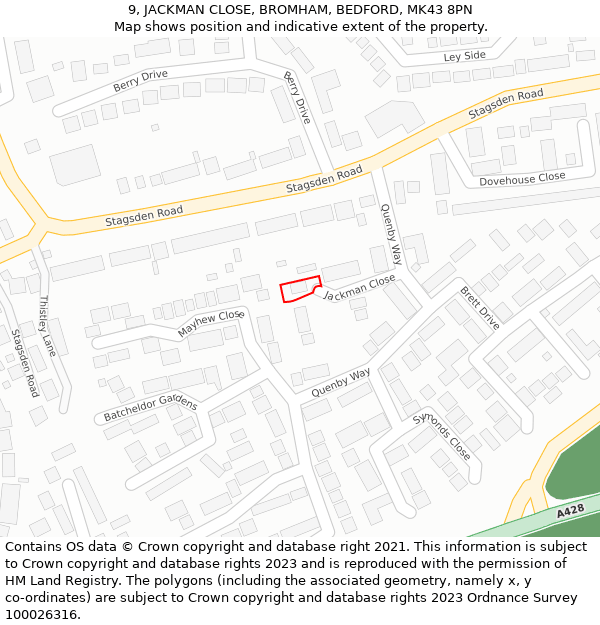 9, JACKMAN CLOSE, BROMHAM, BEDFORD, MK43 8PN: Location map and indicative extent of plot