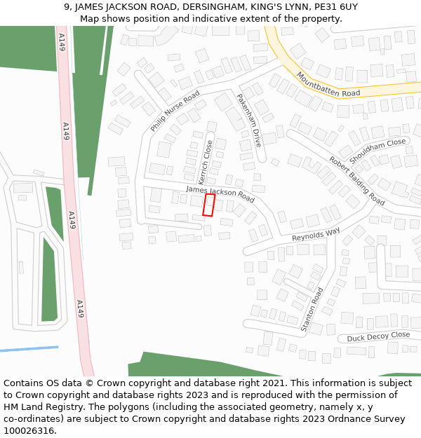 9, JAMES JACKSON ROAD, DERSINGHAM, KING'S LYNN, PE31 6UY: Location map and indicative extent of plot