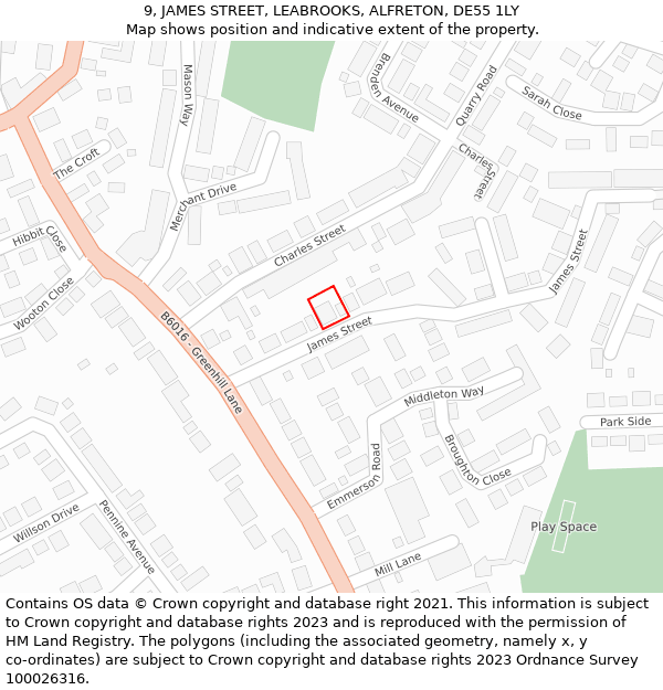 9, JAMES STREET, LEABROOKS, ALFRETON, DE55 1LY: Location map and indicative extent of plot