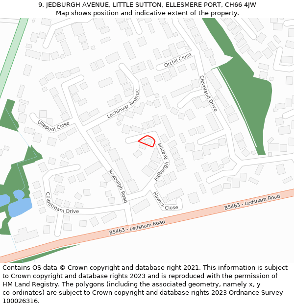 9, JEDBURGH AVENUE, LITTLE SUTTON, ELLESMERE PORT, CH66 4JW: Location map and indicative extent of plot