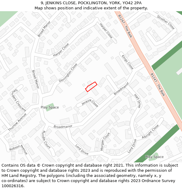 9, JENKINS CLOSE, POCKLINGTON, YORK, YO42 2PA: Location map and indicative extent of plot