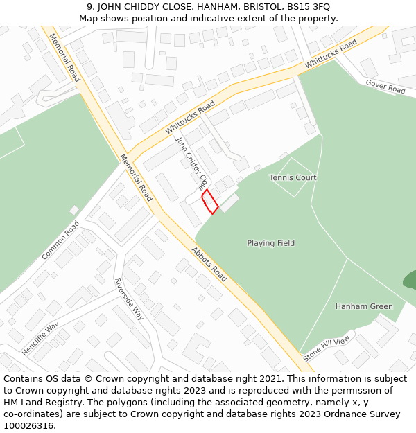 9, JOHN CHIDDY CLOSE, HANHAM, BRISTOL, BS15 3FQ: Location map and indicative extent of plot