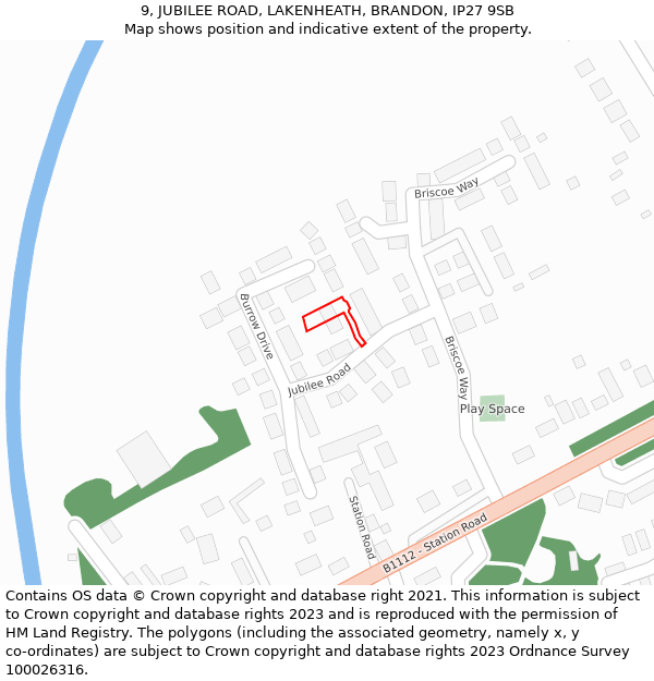 9, JUBILEE ROAD, LAKENHEATH, BRANDON, IP27 9SB: Location map and indicative extent of plot