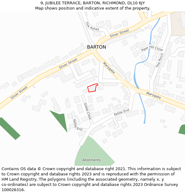 9, JUBILEE TERRACE, BARTON, RICHMOND, DL10 6JY: Location map and indicative extent of plot