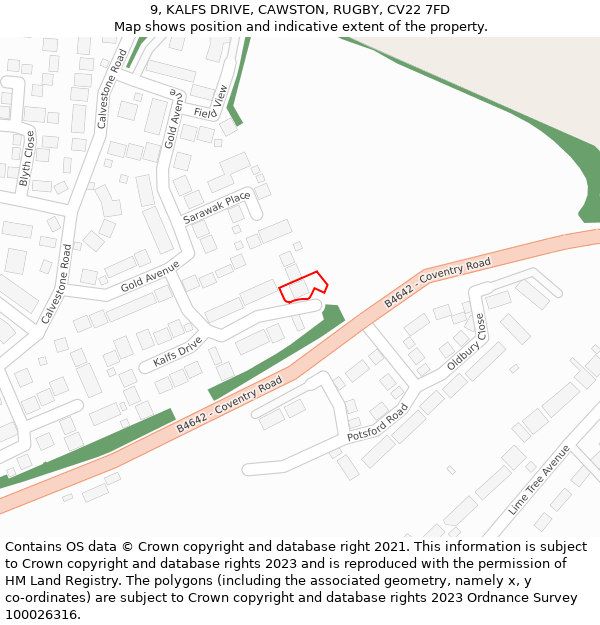 9, KALFS DRIVE, CAWSTON, RUGBY, CV22 7FD: Location map and indicative extent of plot