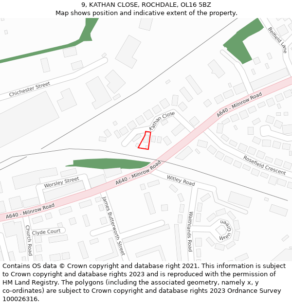 9, KATHAN CLOSE, ROCHDALE, OL16 5BZ: Location map and indicative extent of plot