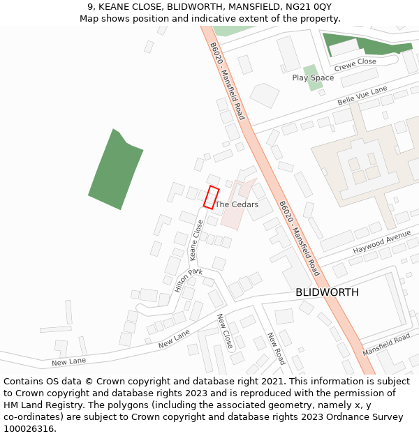 9, KEANE CLOSE, BLIDWORTH, MANSFIELD, NG21 0QY: Location map and indicative extent of plot