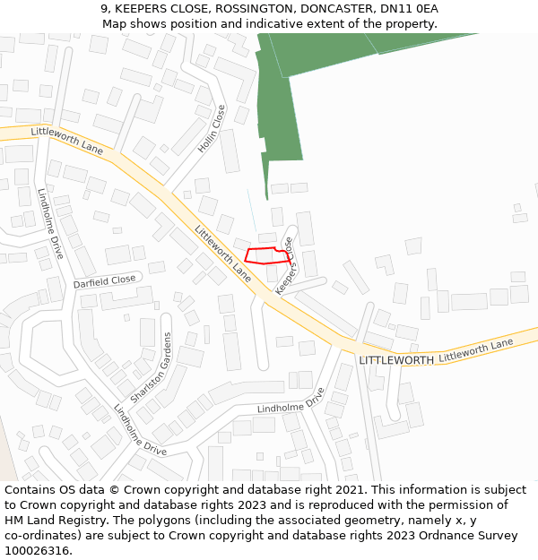 9, KEEPERS CLOSE, ROSSINGTON, DONCASTER, DN11 0EA: Location map and indicative extent of plot