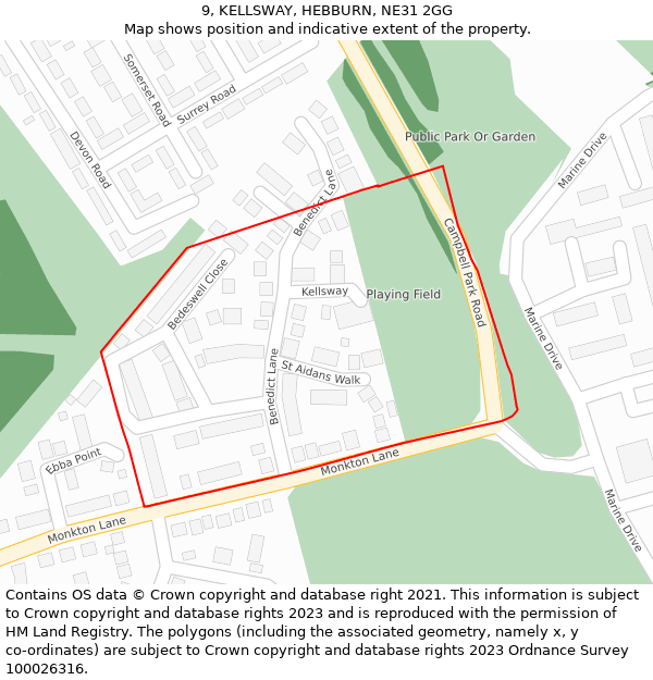 9, KELLSWAY, HEBBURN, NE31 2GG: Location map and indicative extent of plot