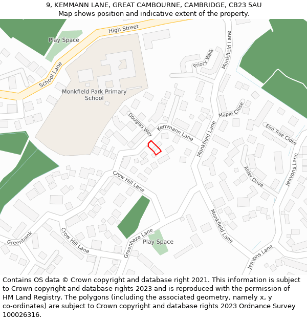 9, KEMMANN LANE, GREAT CAMBOURNE, CAMBRIDGE, CB23 5AU: Location map and indicative extent of plot