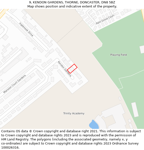 9, KENDON GARDENS, THORNE, DONCASTER, DN8 5BZ: Location map and indicative extent of plot