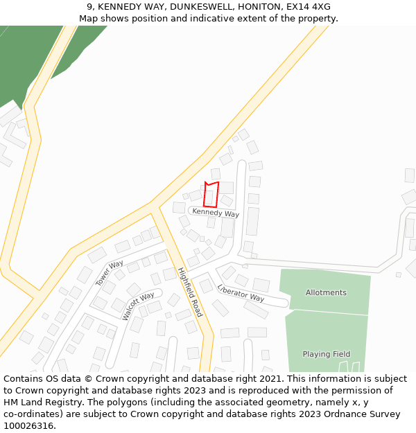 9, KENNEDY WAY, DUNKESWELL, HONITON, EX14 4XG: Location map and indicative extent of plot