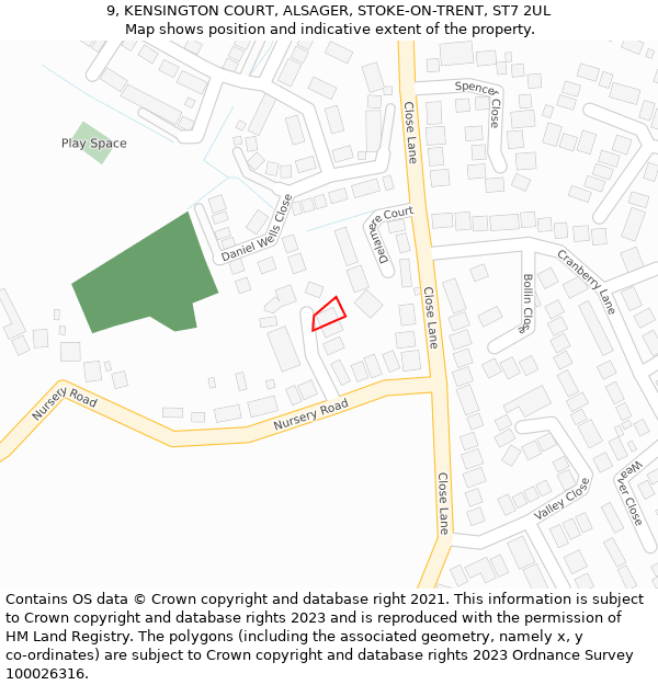 9, KENSINGTON COURT, ALSAGER, STOKE-ON-TRENT, ST7 2UL: Location map and indicative extent of plot