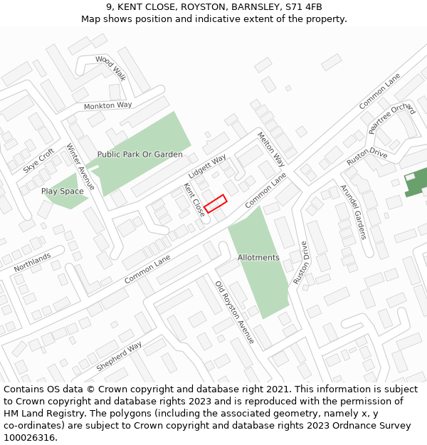 9, KENT CLOSE, ROYSTON, BARNSLEY, S71 4FB: Location map and indicative extent of plot