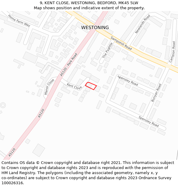 9, KENT CLOSE, WESTONING, BEDFORD, MK45 5LW: Location map and indicative extent of plot