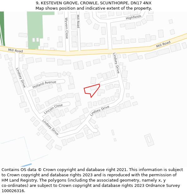 9, KESTEVEN GROVE, CROWLE, SCUNTHORPE, DN17 4NX: Location map and indicative extent of plot
