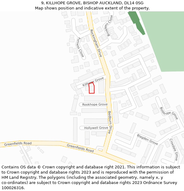 9, KILLHOPE GROVE, BISHOP AUCKLAND, DL14 0SG: Location map and indicative extent of plot