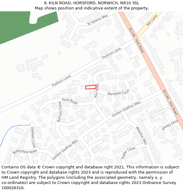 9, KILN ROAD, HORSFORD, NORWICH, NR10 3SL: Location map and indicative extent of plot