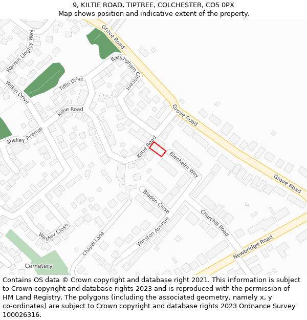 9, KILTIE ROAD, TIPTREE, COLCHESTER, CO5 0PX: Location map and indicative extent of plot