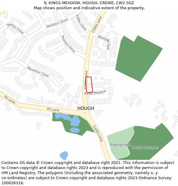 9, KINGS MEADOW, HOUGH, CREWE, CW2 5GZ: Location map and indicative extent of plot