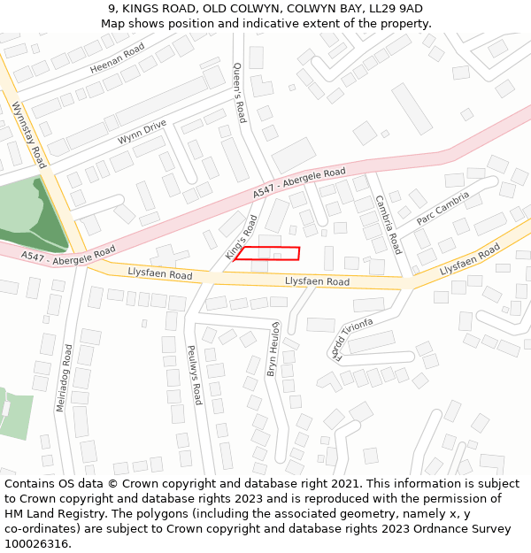 9, KINGS ROAD, OLD COLWYN, COLWYN BAY, LL29 9AD: Location map and indicative extent of plot