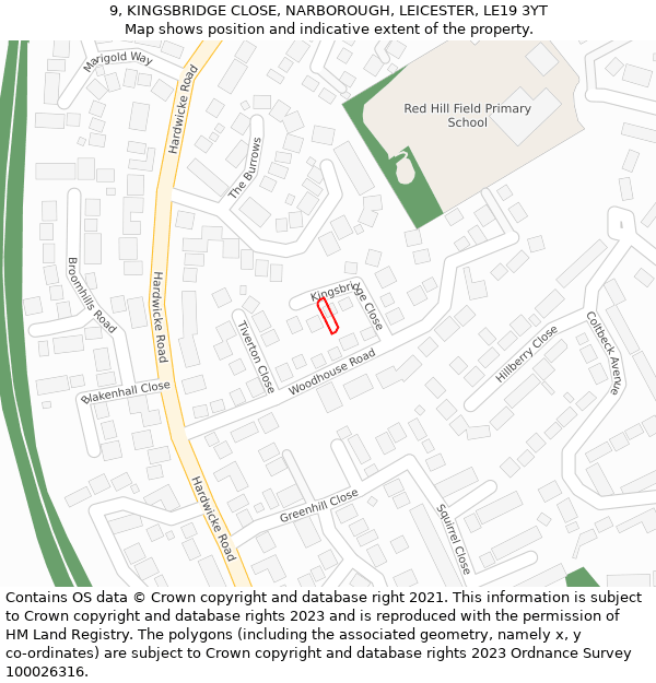 9, KINGSBRIDGE CLOSE, NARBOROUGH, LEICESTER, LE19 3YT: Location map and indicative extent of plot